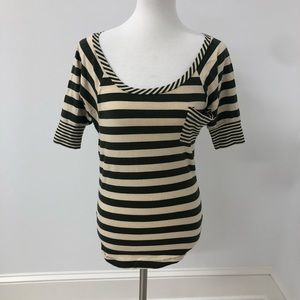 A green and cream striped short sleeve with pocket